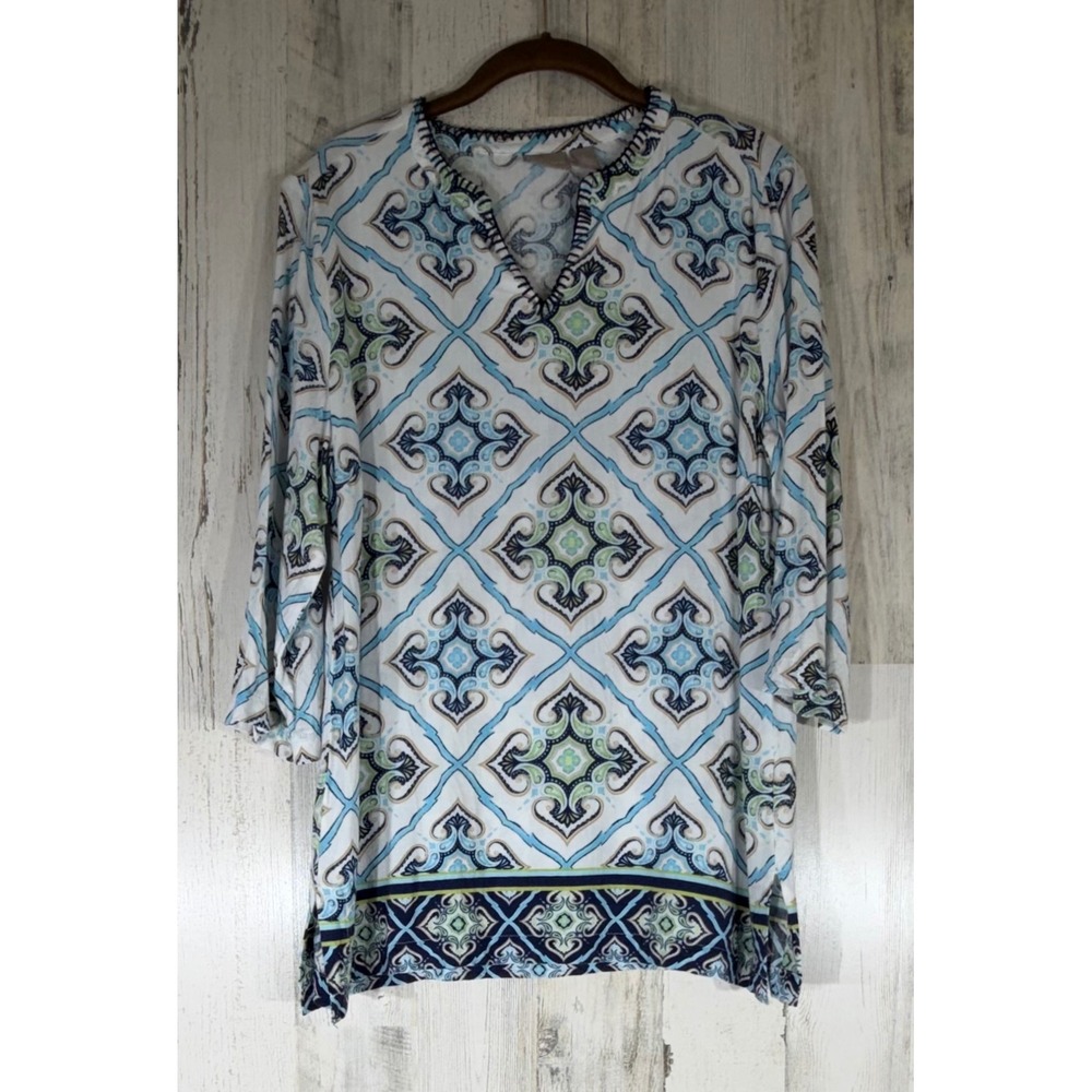 Chicos Tunic Size 1 or Small White Blue Green Geometric Medallion 3/4 Sleeve